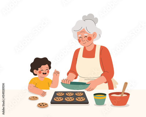 Grandmother and Grandchild Preparing Cookies Together in a Cozy Kitchen Environment
