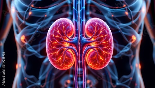 stock photo, 3d render of a human kidney with a complex internal network of glowing tubes, nephrology and filtration concept, sharp focus, with absolutely no text, no logos, no letters, no words