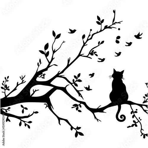 Cat on a tree with birds, vector