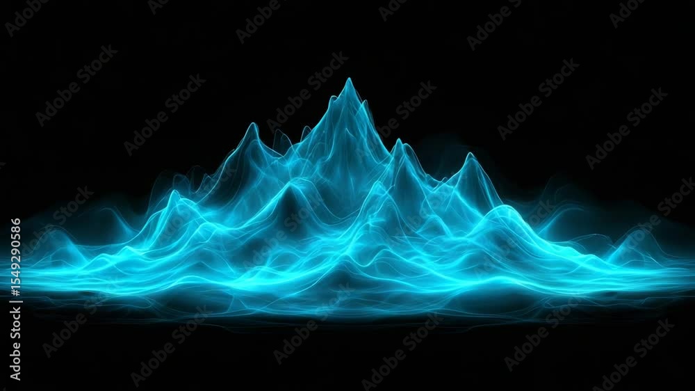 technology digital data background . Glowing blue waves form abstract mountain peaks against a black background, creating a futuristic and ethereal visual effect.