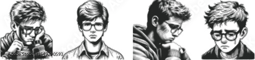 Sad teenage boy with glasses in black color halftone stipple dotted effect style, vector bundle of emotional expression face art, retro abstract grain illustration design