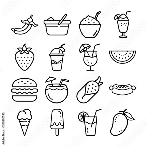 Collection of Summer Food and Drink Icons in Simple Black and White Style