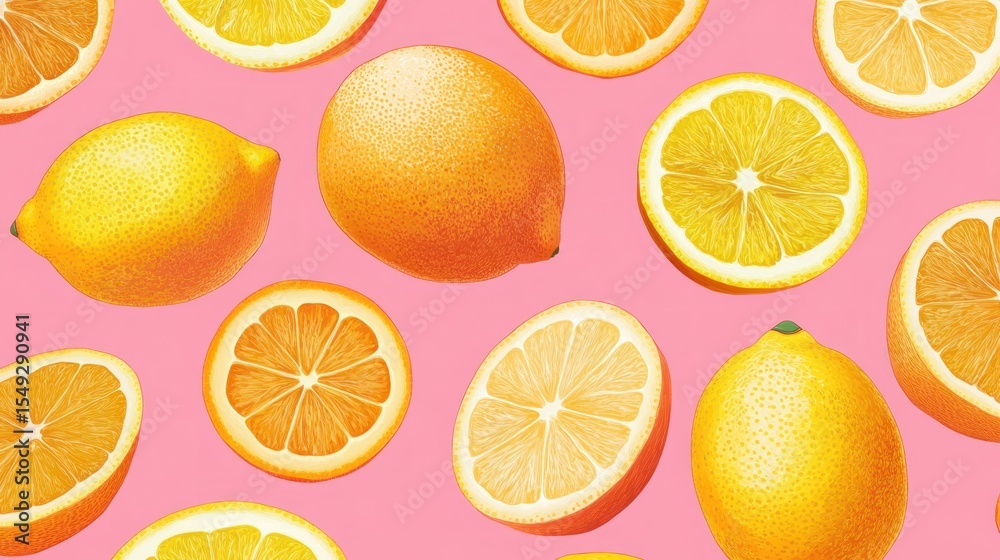 Obraz premium Vibrant Citrus Delight, A Colorful and Fresh Fruit Medley on Pink Backdrop