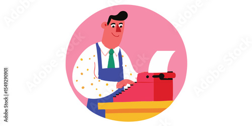 A cheerful man types on a vintage typewriter, his expression radiating contentment and focus. The illustration style is minimalist and bright.