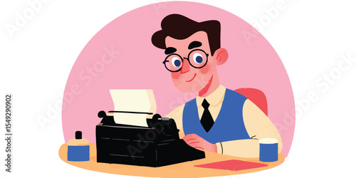 A cartoon writer diligently works at an old typewriter, immersed in thought within a light pink oval. A sense of classic literature emanates from this scene.