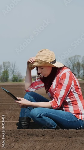 Female farmer, agronomist sits between special soil rows on field. She tests, using tablet, quality of potato planting by cultivator. Modern Agriculturally potato cultivation. spring sunny day.