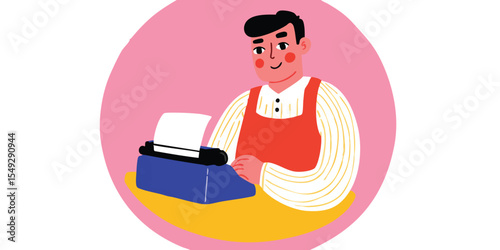 A writer diligently types away at his desk, embodying a nostalgic charm in a beautifully drawn illustration. Surrounded by a charming pink circle, and a light wooden desk and red apron.