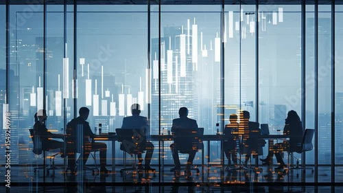 Strategic Meeting: Business professionals in a modern office setting, illuminated by financial data graphics, engage in a strategic meeting, symbolizing collaboration and the pursuit of success. 