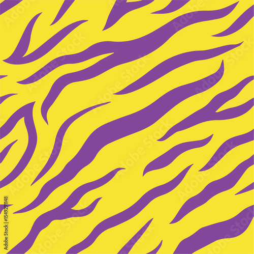 Purple tiger stripes on a yellow background create an animal pattern