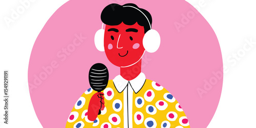 A person holding microphone. captured in the essence of vocal expression within a vibrantly designed illustration. A cheerful person with headset in the circle of pink.