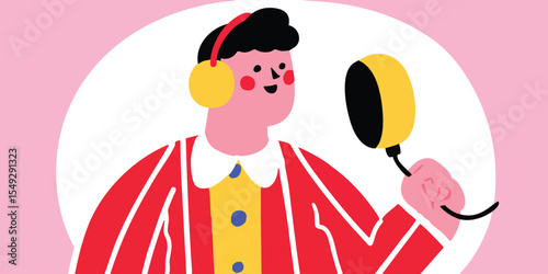 A lively illustration of a person recording a song in a studio, wearing headphones, and holding a microphone. Evoking the creative process with music and audio technology.