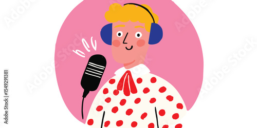An illustrated podcaster in a colorful, engaging design. A creative representation of audio recording and online content creation.