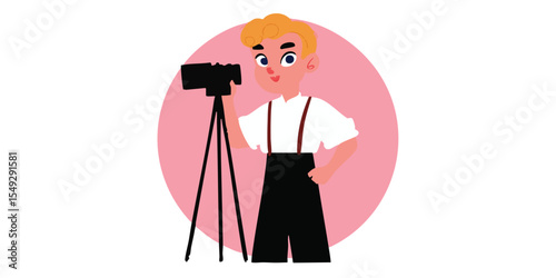 A young artist stands with their camera on tripod. Capturing the essence of creativity and art. 