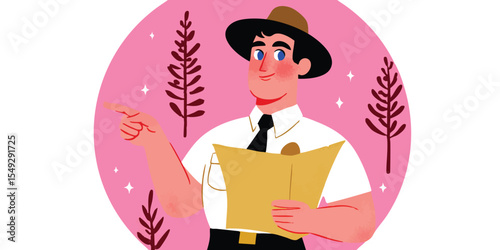 A friendly park ranger in uniform guides with a map in hand in vibrant, stylized illustrations, offering a warm sense of direction and expertise, with an informative and welcoming aesthetic.