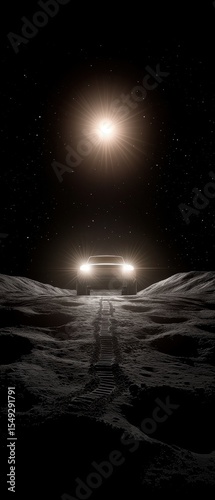 Car on Moon Surface with Bright Sun and Starry Sky at Night