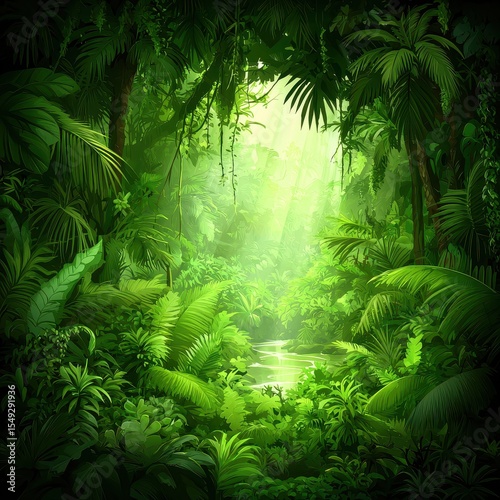 Lush Tropical Jungle Scene with Sunlight Filtering Through Leaves