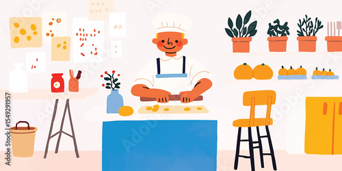 A cheerful illustration of a chef at work, a celebration of culinary arts. The chef, in a pristine white uniform, is at the heart of a charming, stylized kitchen environment.