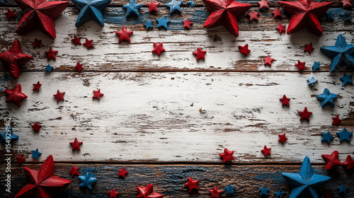 Minimal Independence Day background with soft white wooden texture and scattered red and blue stars, spacious area for text, perfect for patriotic designs and holiday greetings