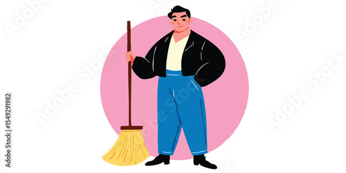 An illustrated person holding a broom against a vibrant pink backdrop, embodies a clean and fresh perspective. 