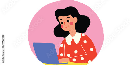 A stylish female is absorbed, diligently working on her laptop. The image presents a vivid scene of modern digital communication, showcasing her concentration and the creative expression.