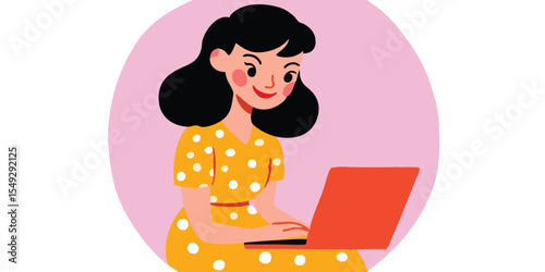 A stylish young woman engrossed in work on her laptop, captured in a modern, playful illustration that radiates positivity and creativity.