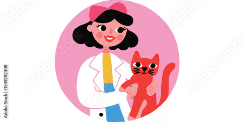 A friendly veterinarian embraces a furry feline companion, offering comfort and care within a vividly illustrated circle. The image showcases the bond between pets and those who care for them.