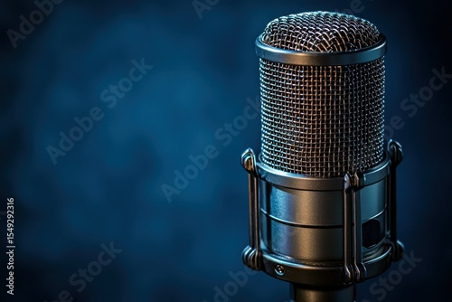 Close-up of a vintage-style microphone against a deep blue backdrop