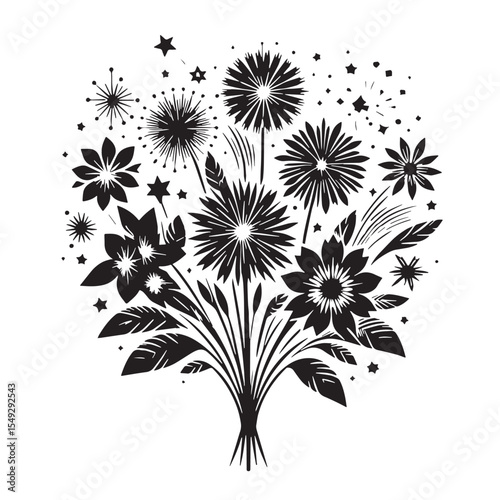 Black Firework bouquet  Silhouette Vector, High Quality Illustration on White Background