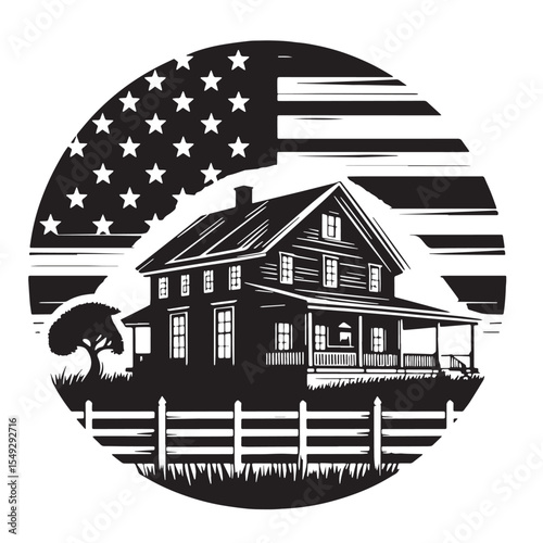 Black Farmhouse with American flag  Silhouette Vector, High Quality Illustration on White Background