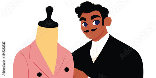 An illustration of a fashion designer proudly presenting a garment in his studio, embodying creative spirit and design expertise.