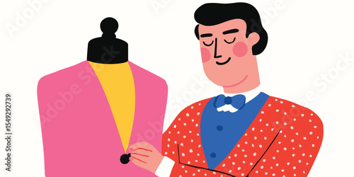 A skilled tailor meticulously adjusts a vibrant jacket on a dress form, embodying precision and creative craftsmanship.