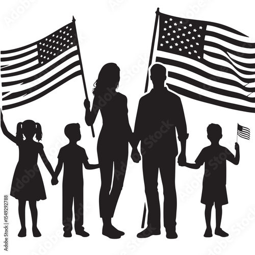 Black Family holding USA flags Silhouette Vector, High Quality Illustration on White Background