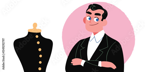 An illustration showcasing the essence of fashion with a well-dressed gentleman standing confidently beside a stylish black jacket on a dress form.