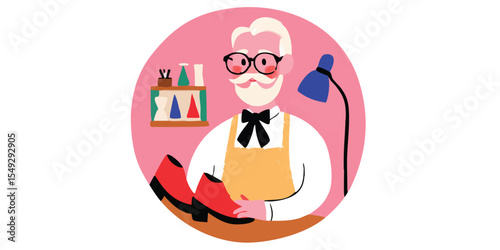 An illustration captures a skilled artisan, deeply engrossed in the meticulous craft of shoemaking, surrounded by tools and materials.