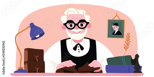 A wise old man with glasses is working diligently, surrounded by books, paperwork, and a framed picture, emanating an atmosphere of experience and knowledge.