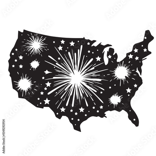 Black Firework shaped like USA map Silhouette Vector, High Quality Illustration on White Background