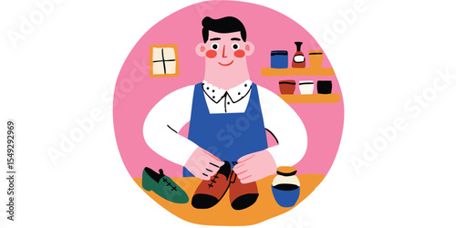 A skilled artisan meticulously crafts a shoe. The illustrated scene captures the essence of craftsmanship.