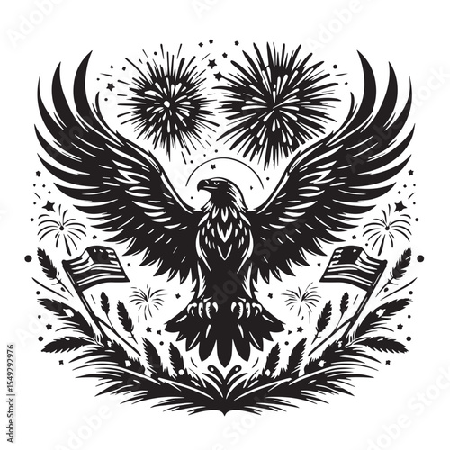 Black Fireworks and eagle combo Silhouette Vector, High Quality Illustration on White Background