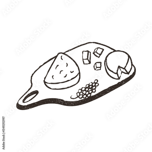 Charcuterie board, hand drawn doodle, vector illustration isolated on white background. Outline sketch style with grunge vintage texture. Cheese with grapes on cutting board.