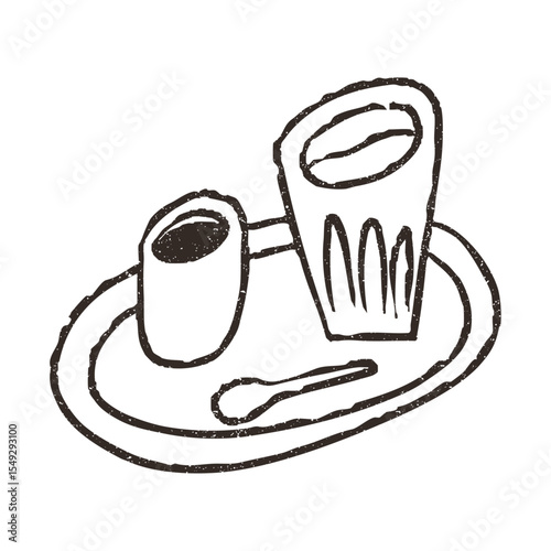 Tray with coffee cup and water glass, hand drawn doodle, vector illustration isolated on white background. Outline sketch style with grunge vintage texture. Cafe concept.