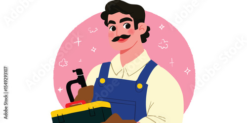 An illustration depicting a craftsman with a mustache, holding cleaning supplies in an artistic, graphic style, celebrating the dedication to craftmanship.