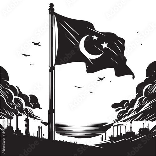 Black Flag waving on pole Silhouette Vector, High Quality Illustration on White Background
