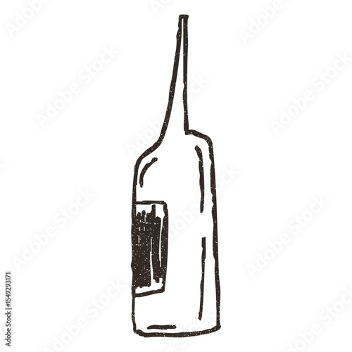Wine bottle, vector illustration isolated on white background. Outline sketch style with grunge vintage texture. Cafe and restaurant concept.