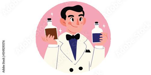 A dapper gentleman, dressed in a classic attire, presents two distinct bottles of potent spirits. This stylized illustration captures a touch of vintage charm, hinting at a cocktail culture.