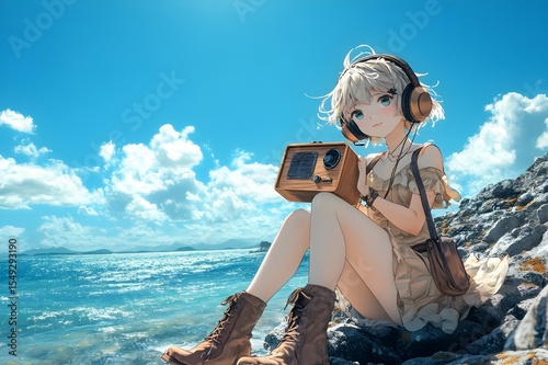 Full body shot of an anime girl wearing brown boots and a beige dress with short hair, sitting on a rock by the ocean, holding a vintage wooden radio, with headphones on her head