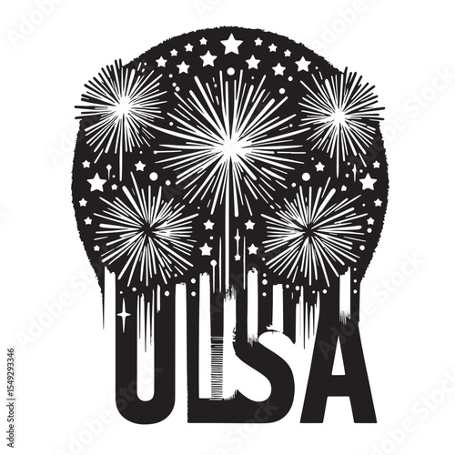 Black Fireworks with USA letters Silhouette Vector, High Quality Illustration on White Background