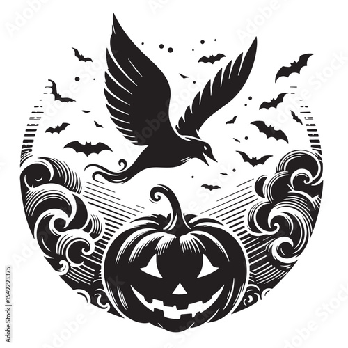 Black Flying pumpkin Silhouette Vector, High Quality Illustration on White Background