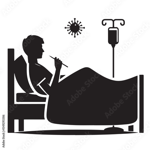 Black Flu patient lying in bed Silhouette Vector, High Quality Illustration on White Background