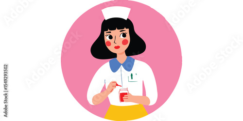 A female nurse, depicted in a stylized illustration, carefully examines the contents of a small bottle, her expression conveying attentiveness and care.