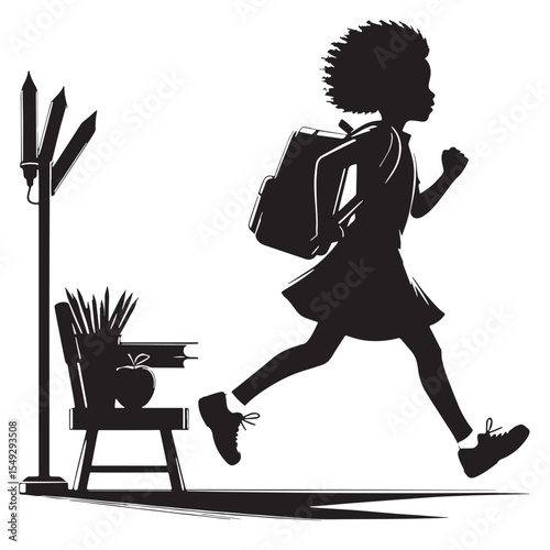 Black Girl running to school Silhouette Vector, High Quality Illustration on White Background